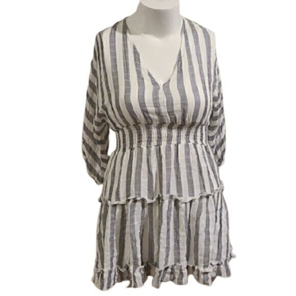 [Blue Lemon] Gray 3/4 Long Sleeve Striped Dress